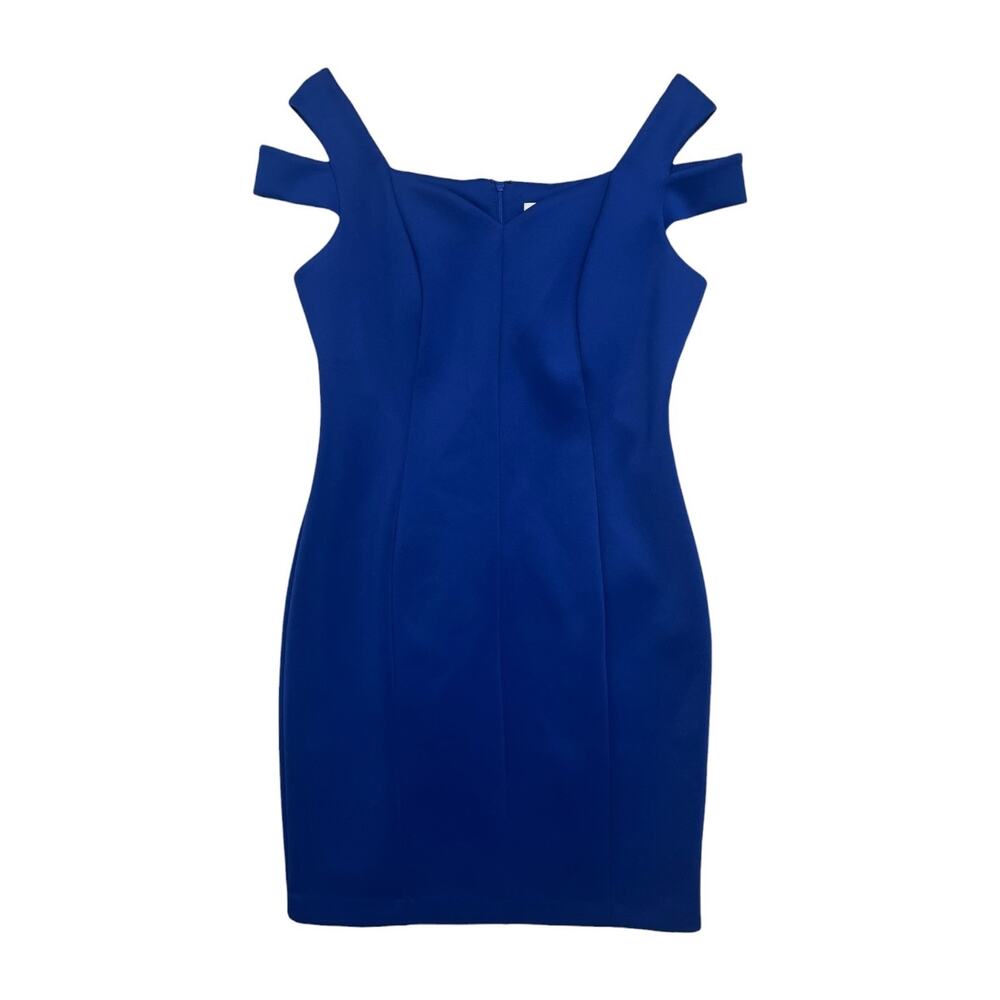 Calvin Klein Sheath Dress Womens 12 Blue Scuba Knit Cold Shoulder Cocktail Party